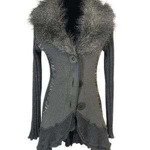 Cardigan Sweater with faux fur collar-Gray Semi lightweight